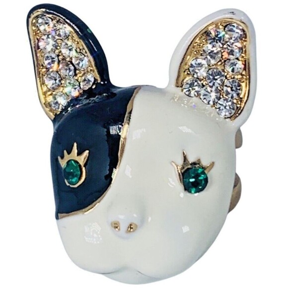 Betsey Johnson French Bulldog Statement Ring Crystal Royal Engagement VTG